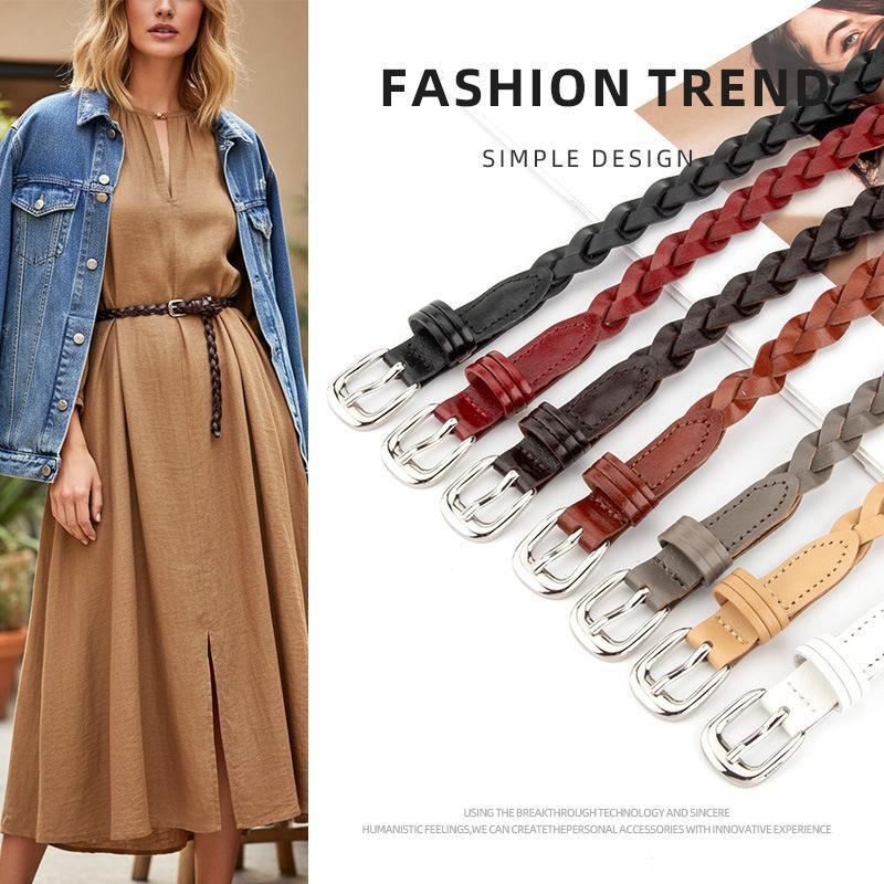 Versatile Woven Thin Belt for Women, Genuine Leather Texture, Decorative Dress Waist Belt, Fashionable and Simple Pin Buckle Jeans Belt