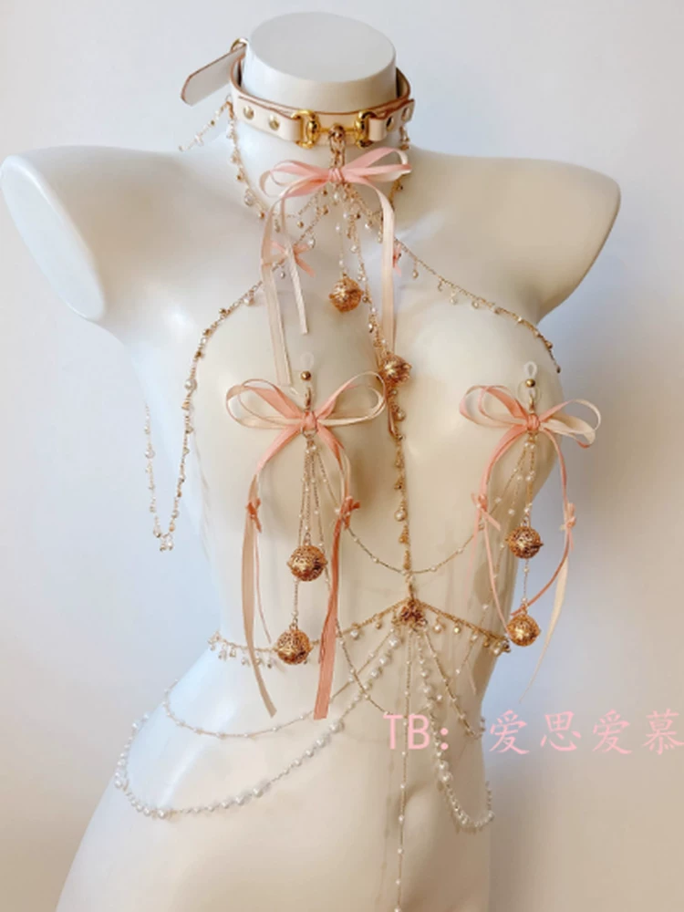 Sad Puppy Sm Pink Bow Body Chain Nipple Clamp Ring Collar Sex Toy Nipple Stimulation Anal Plug Bell