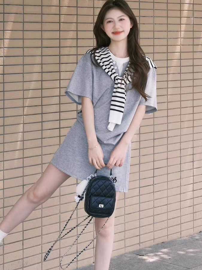High-End Casual Sportswear Suit for Women, Summer Student Loose-Fitting Slimming Korean Style Fashionable Short-Sleeved Short Skirt Two-Piece Set