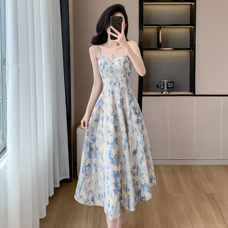 French-Style Blue Oil Painting Long Dress, Beach Vacation Dress, Large Hem Floral Spaghetti Strap Dress, New Summer Style for Women
