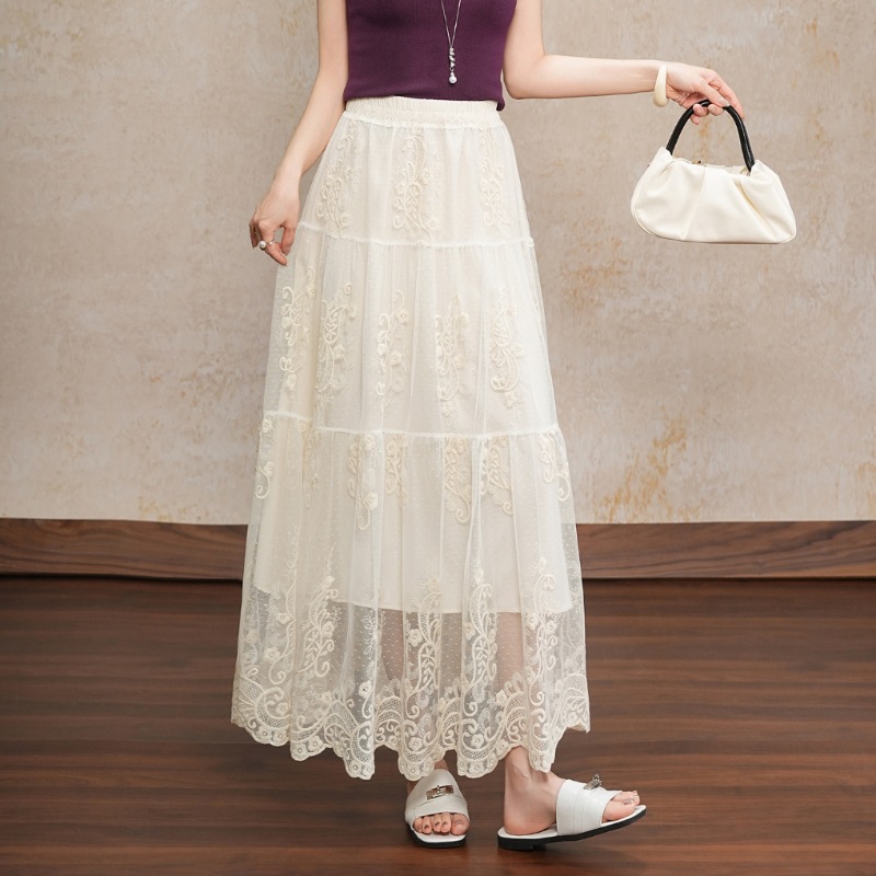 2026 Spring and Summer New Style Elastic Waist Jacquard Embroidered Lace Skirt High Waist A-Line Mid-Length Pleated Umbrella Skirt for Women