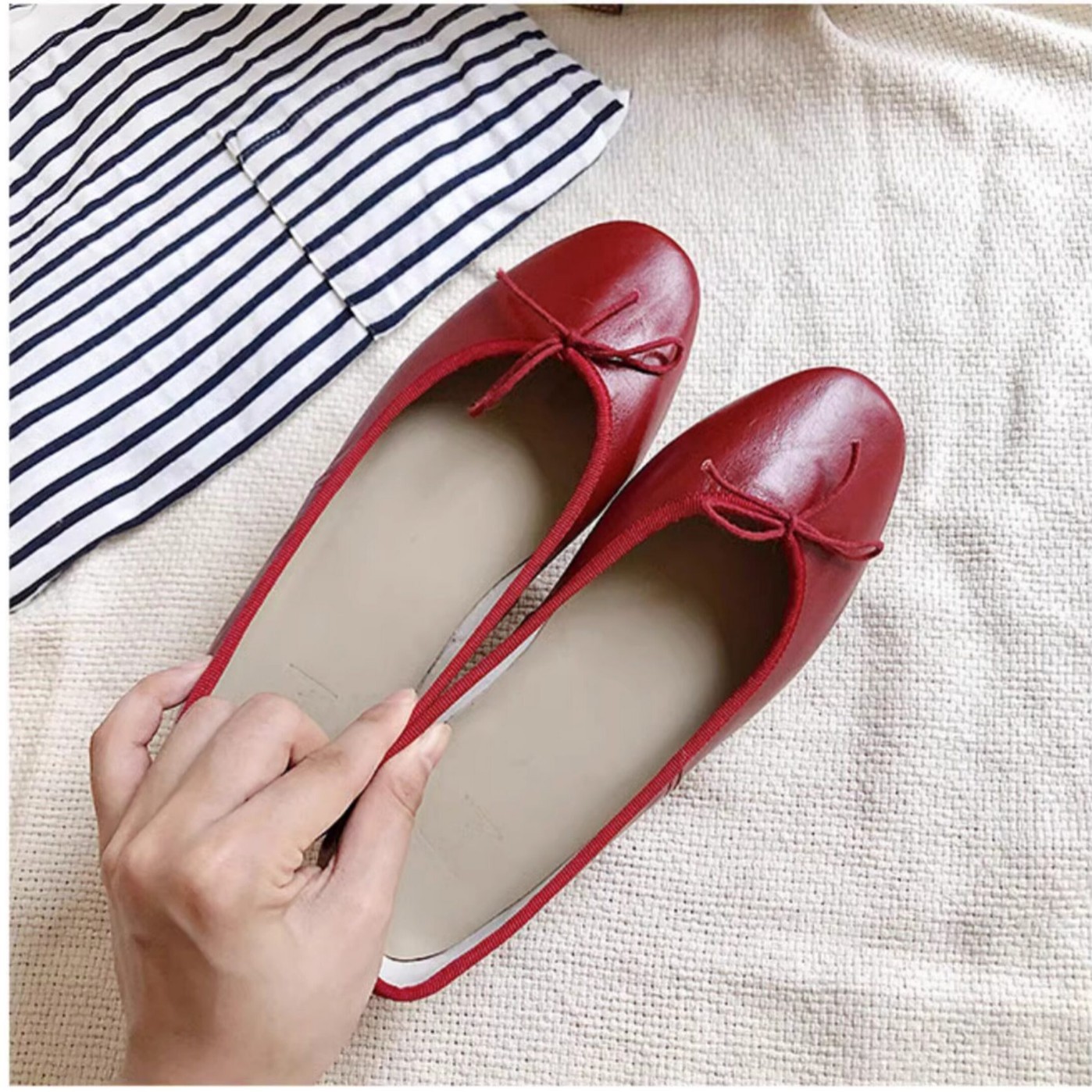 New Product Senyuhaixiang: Gentle Korean-Style Genuine Leather Round-Toe Low-Heel Slip-On Mid-Heel Bowknot Elegant Shallow-Mouth Shoes