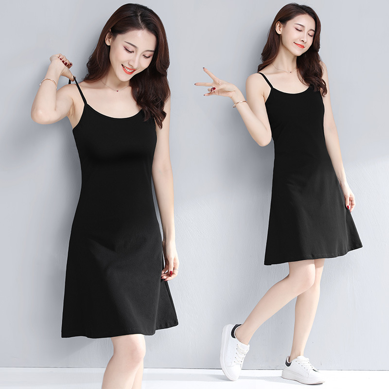 Sling dress Women's 2024 New plus size chubby girl Slim Black Base Sexy A- word Black Dress Summer