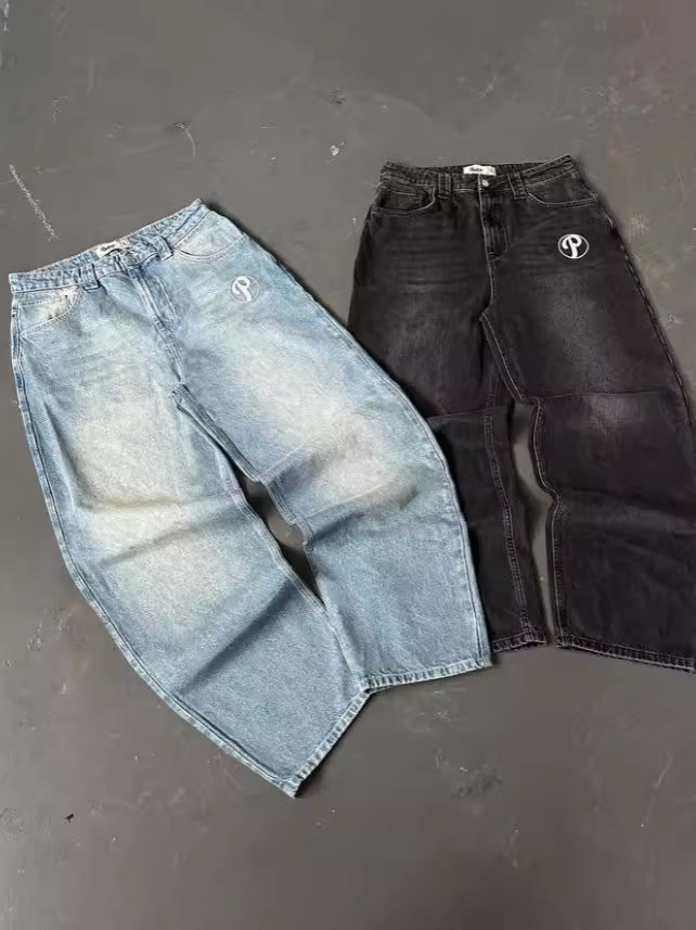 Cross-border European and American street y2k embroidery fashion baggy washed old jeans men's loose small straight trousers