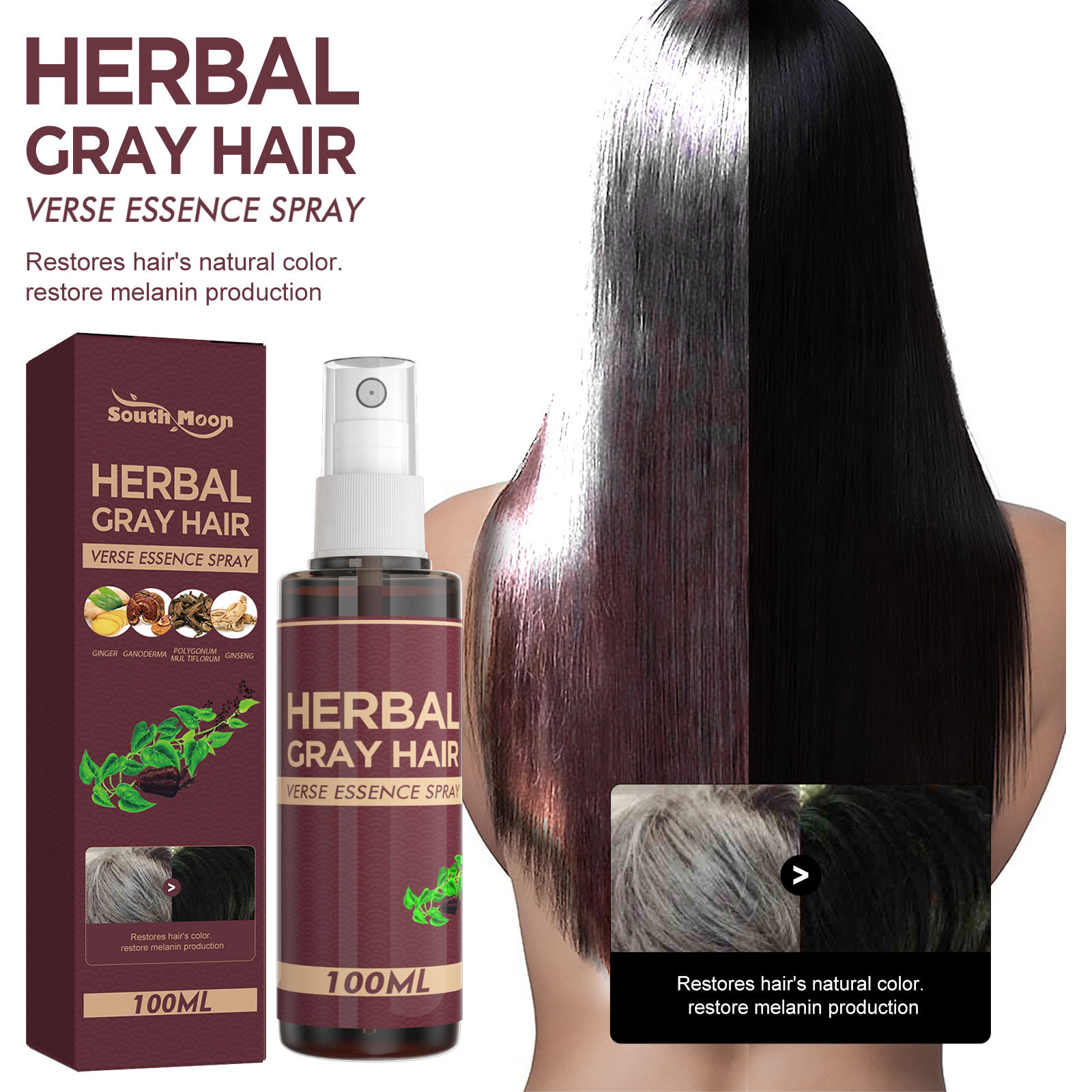 South Moon Herbal Hair Liquid Polygonum Multiflorum Herbal Essence Moisturizes and Protects Hair, Naturally Blackens Hair, Makes It Smooth and Shiny