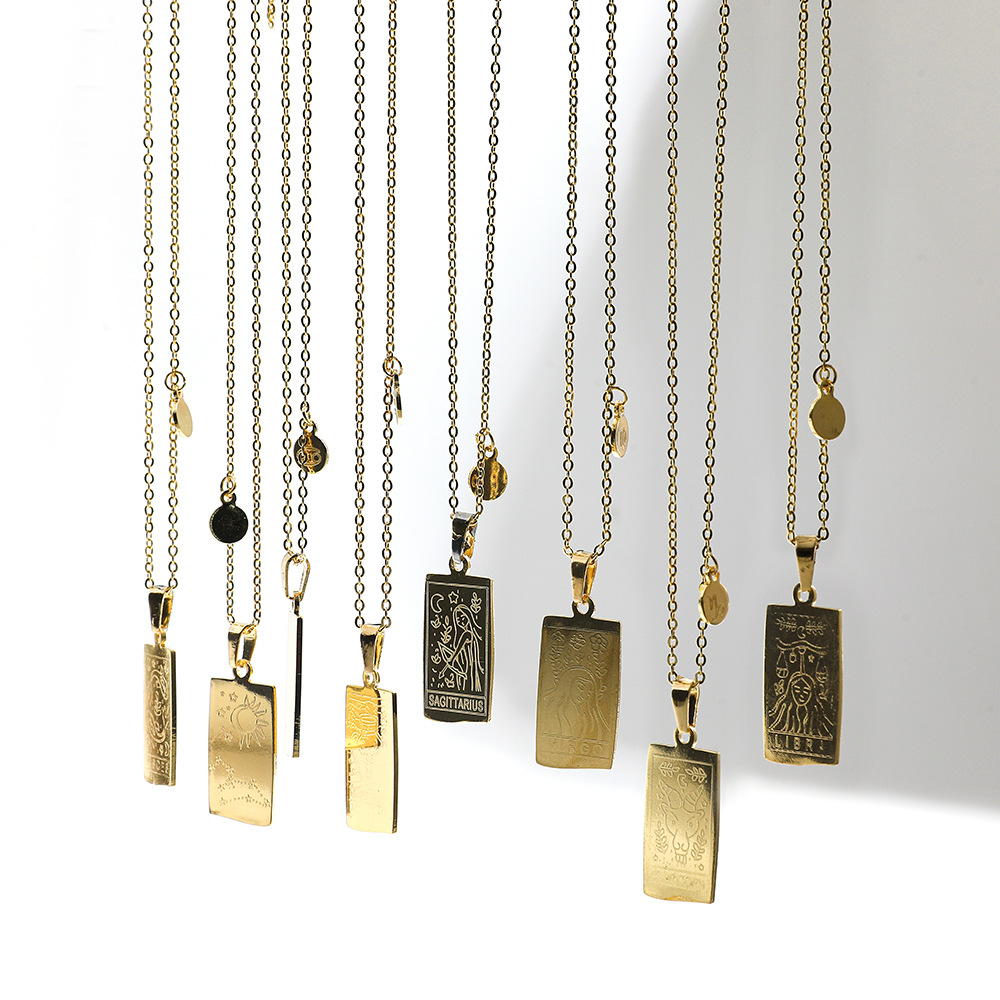 Full Titanium Steel 12 Zodiac Sign Necklace, Light Luxury Niche Stainless Steel Clavicle Chain, Gold-Plated Silver Black Square Pendant, European and American Cross-Border Style