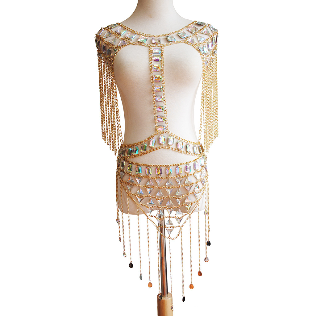 New European and American Sexy Chest Chain Acrylic Gemstone Tassel Vest Waist Chain Body Chain Women's Cross-Border Jewelry Set