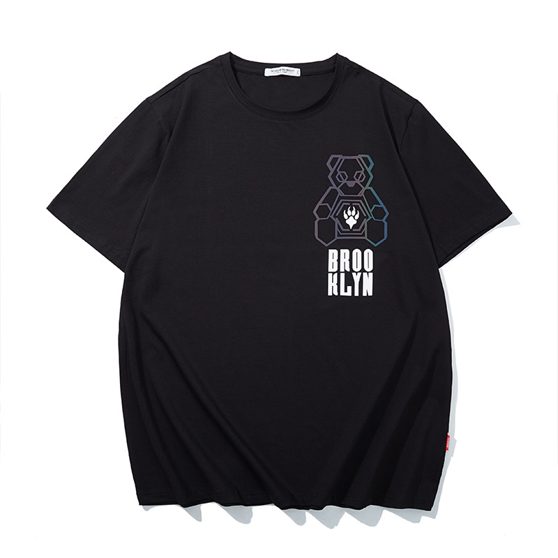 T6170 | Large size men's summer new round neck reflective printed T-shirt men's loose plus fat increase trend short sleeve