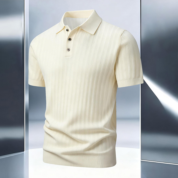 Light Luxury Lapel Summer Short-Sleeve Knit Shirt Men's Polo Shirt Ribbed Vertical Stripe Lyocell Tencel Jacquard T-Shirt