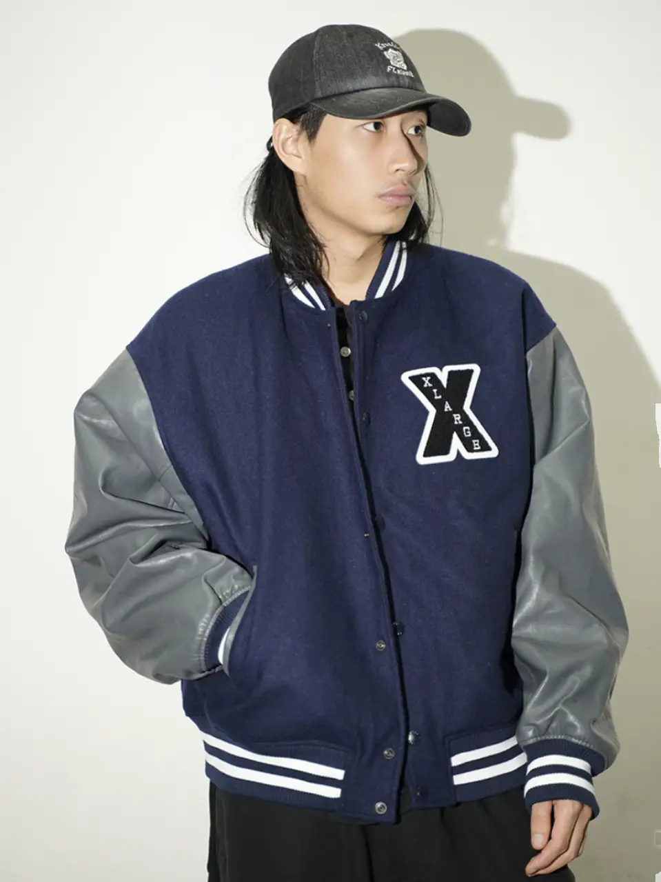 American Style Heavy weight Hard Goods, American Trend woolen Leather Sleeves Patchwork Baseball Cotton Jacket jacket Flocking Large Logo for Men and Women Couple