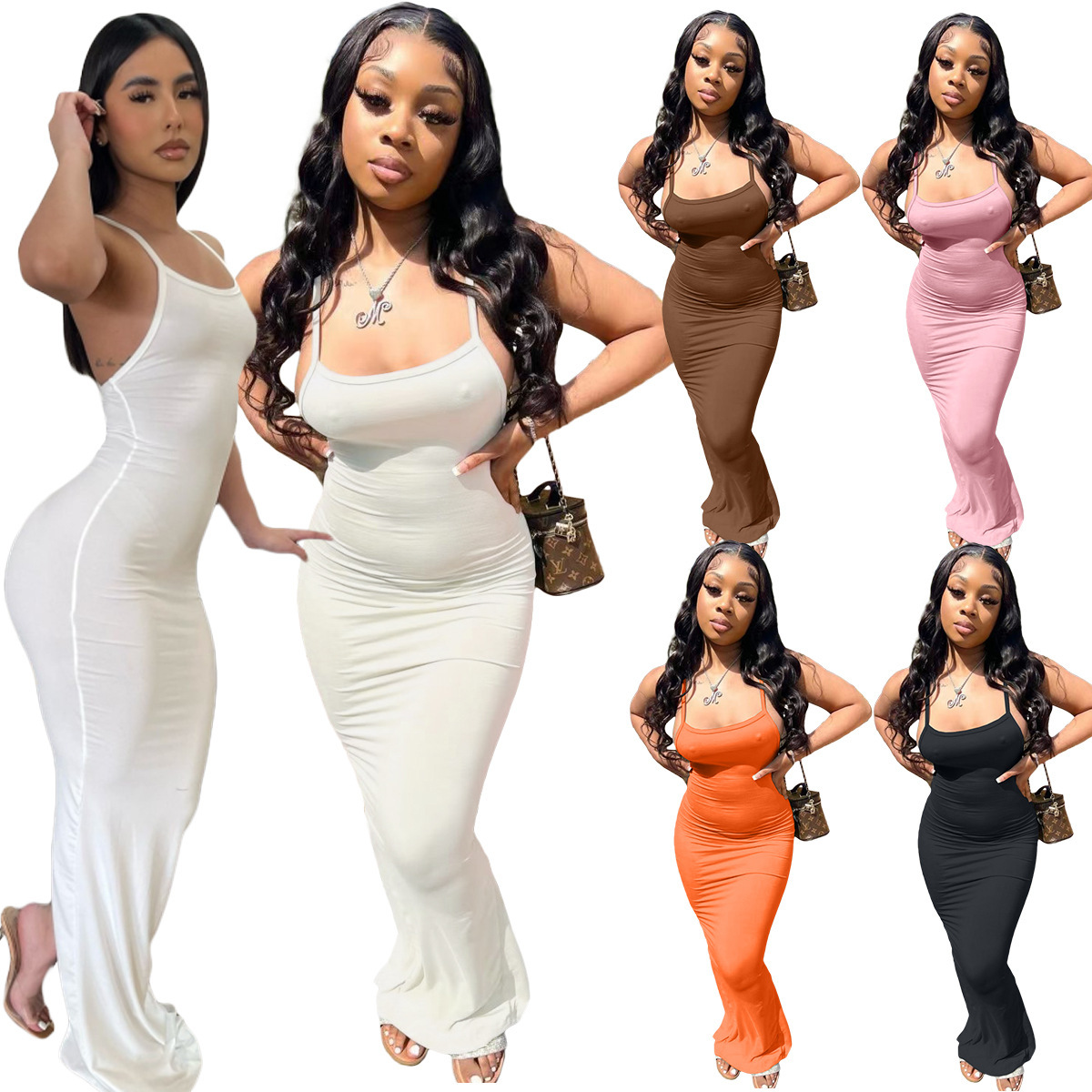 European and American Black Summer Sling Dress Sexy Open Chest Sling Long Dress Solid Color Perspective Floor Long Dress