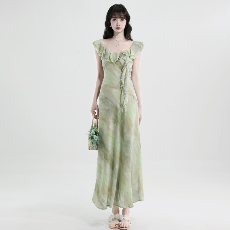 Actual Shot of the New Summer Style French Romantic Ruffled Collar Tie-Dye Waist-Slimming Long Dress
