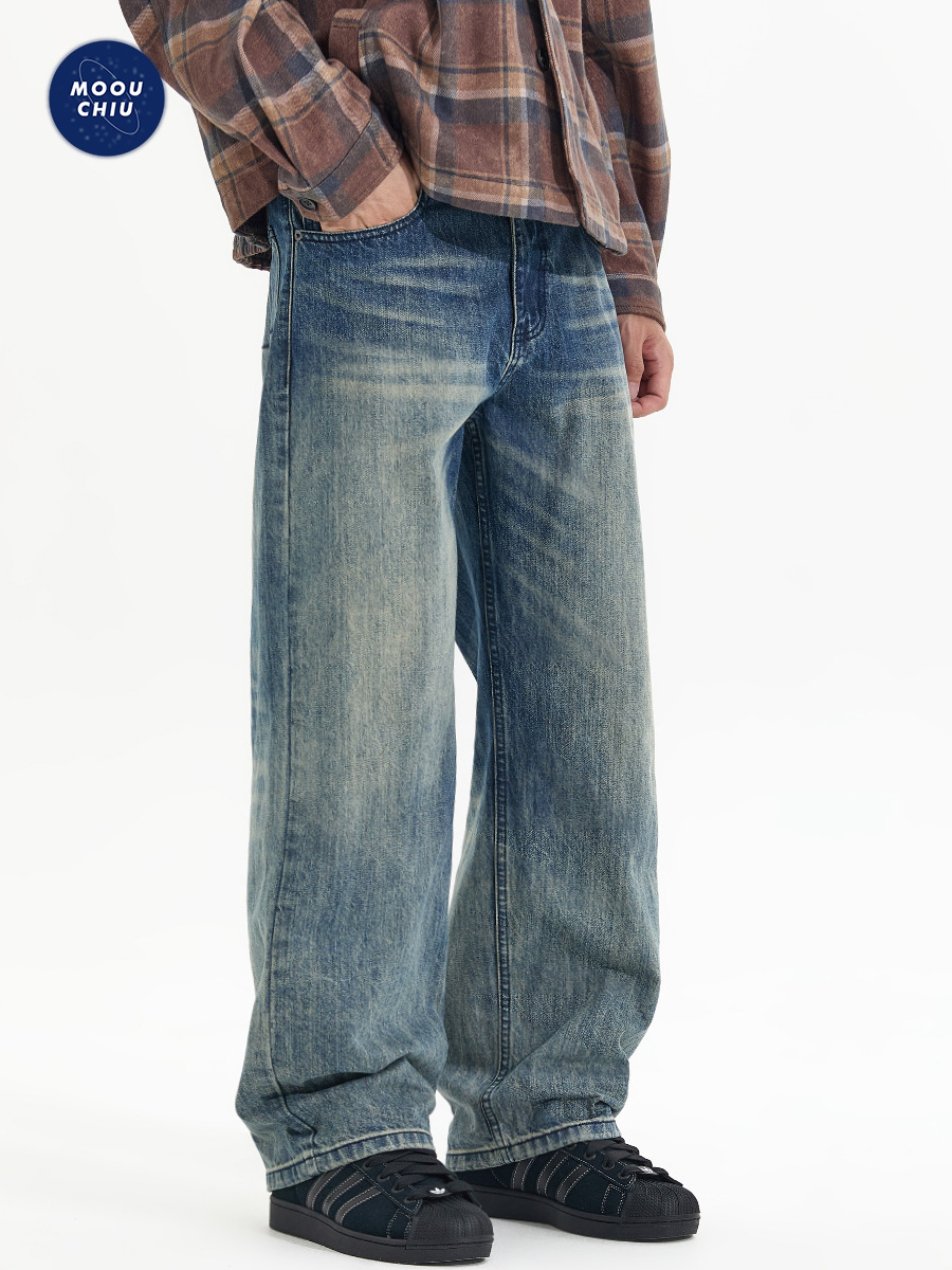 Muchiu Men's Clothing∣2025 Autumn New American High Street Gradient Retro Jeans Men's Loose Straight-Leg Trousers