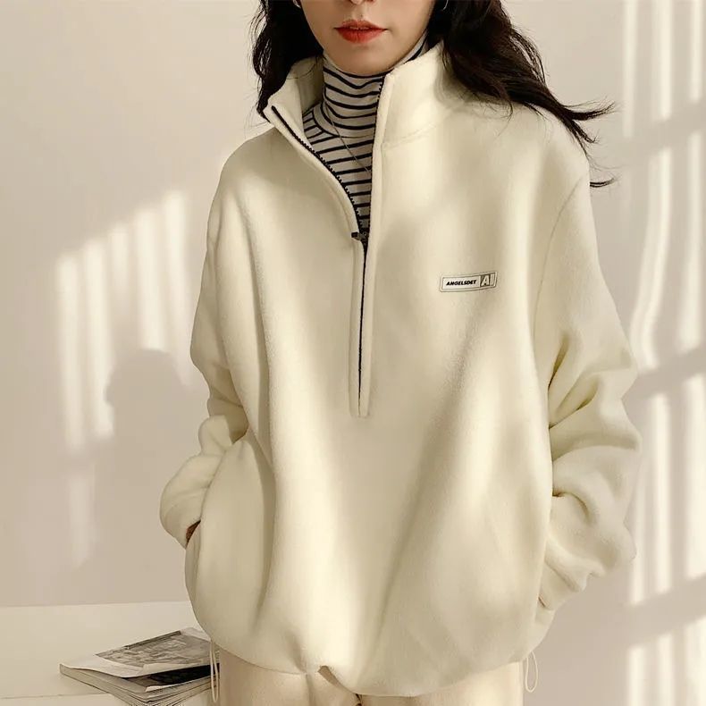 Semi-high Collar Fleece Sweater Women's Autumn and Winter New Fleece-lined Thickened Stylish All-match Warm Collar Fleece Jacket Trendy