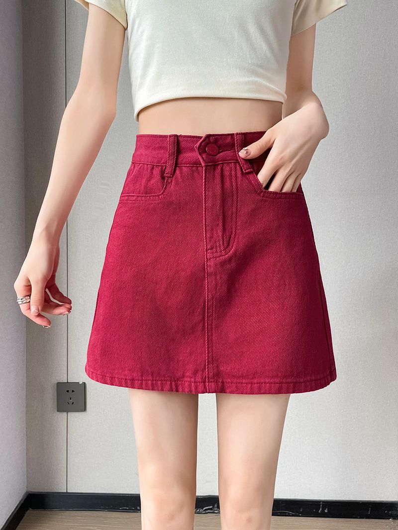 Denim Short Skirt Women's High Waist A- Line Skirt Slimming Hot Girl's Hip Skirt Summer Wine Red Skirt with Lining