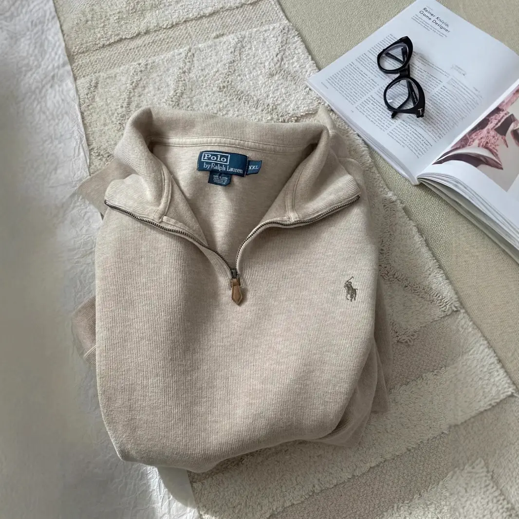 RL Ralph Pony Label Vintage Couple Sweatshirt Women's Long Sleeve Sweatshirt Men's Polo Half Zipper Lapel Loose American Style