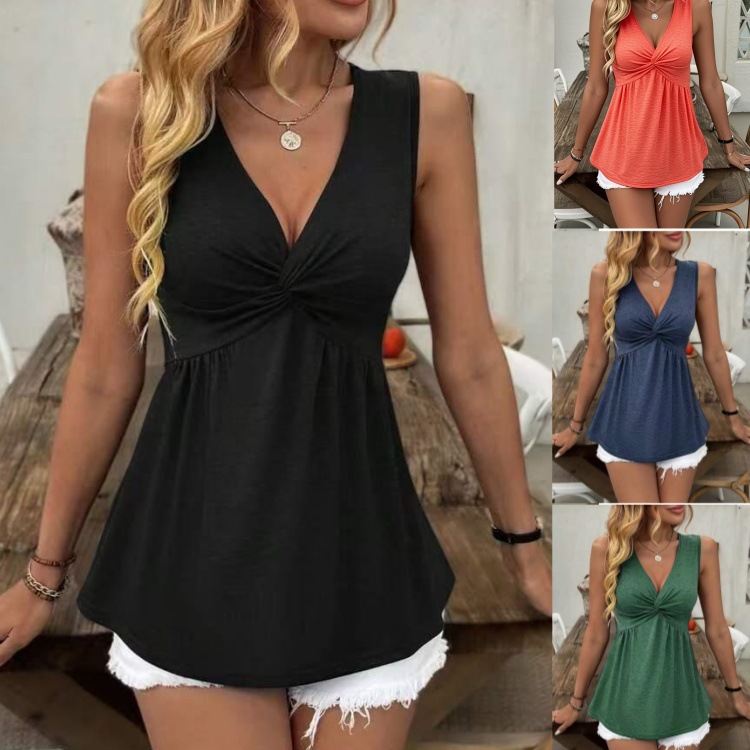 2025 Europe and the United States cross-border Amazon foreign trade sleeveless V-neck design sense chest kink pleated waist vest women's T-shirt