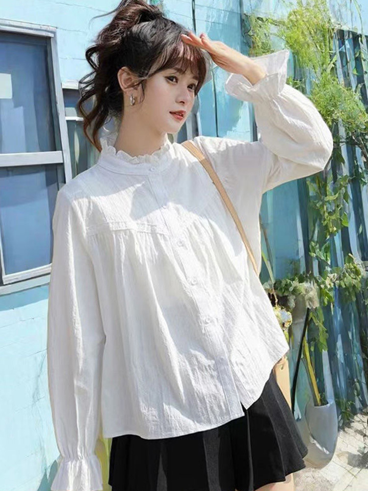 【Two-Piece Set】Japanese-Style Long-Sleeved Shirt for Women, Spring and Autumn Sweet Ruffled Collar Blouse + Pleated Short Skirt Half Skirt
