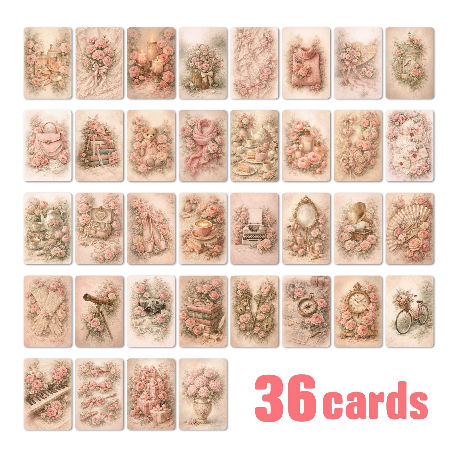 Cross-Border New Style 36-Piece Vintage Pink Rose Decorative Cards, Creative Romantic Pastoral Style Message Cards, Suitable for Handwritten Notes
