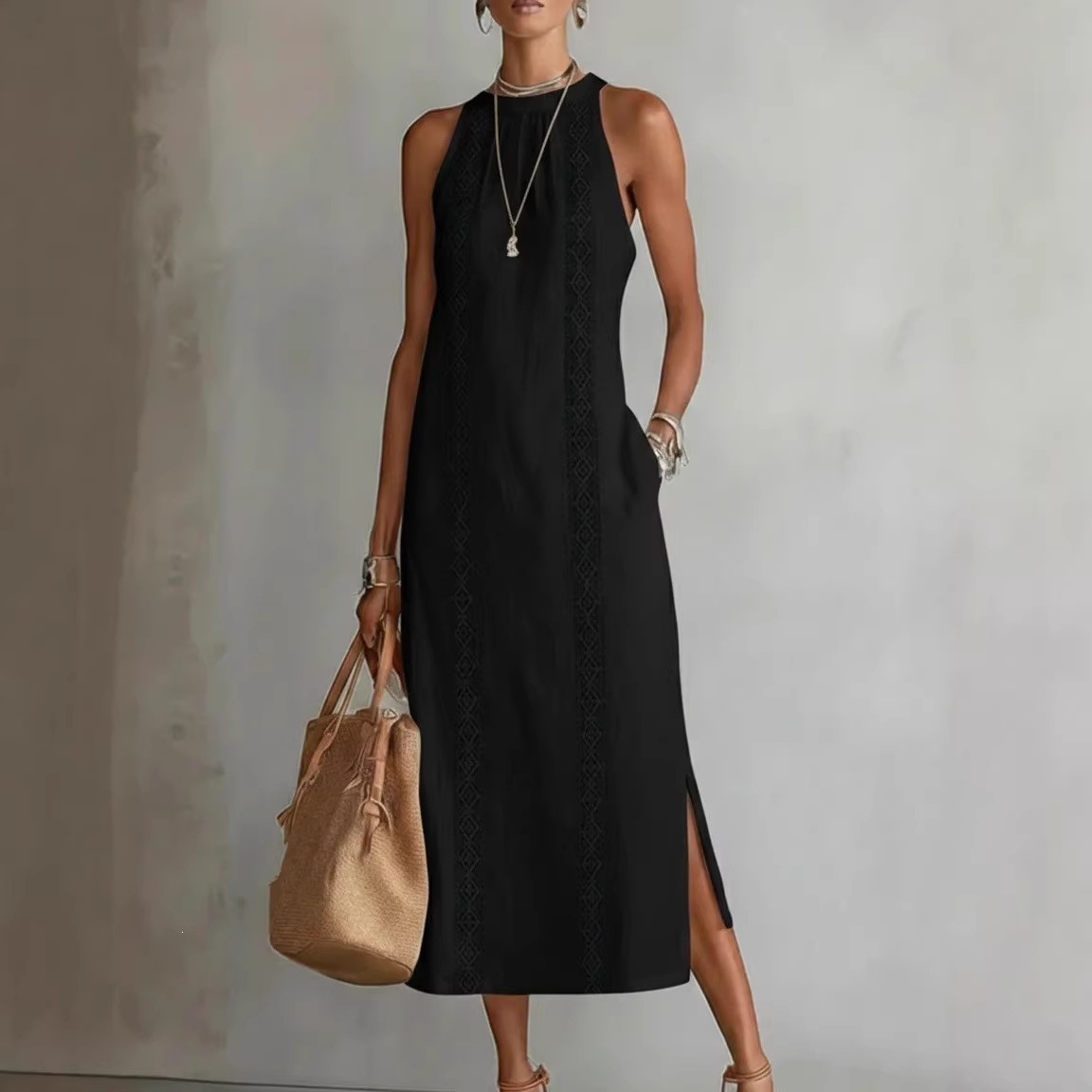 2026 Spring New Amazon European and American Women's Halter Neck Vacation Solid Color Lace Patchwork Sleeveless Dress for Women