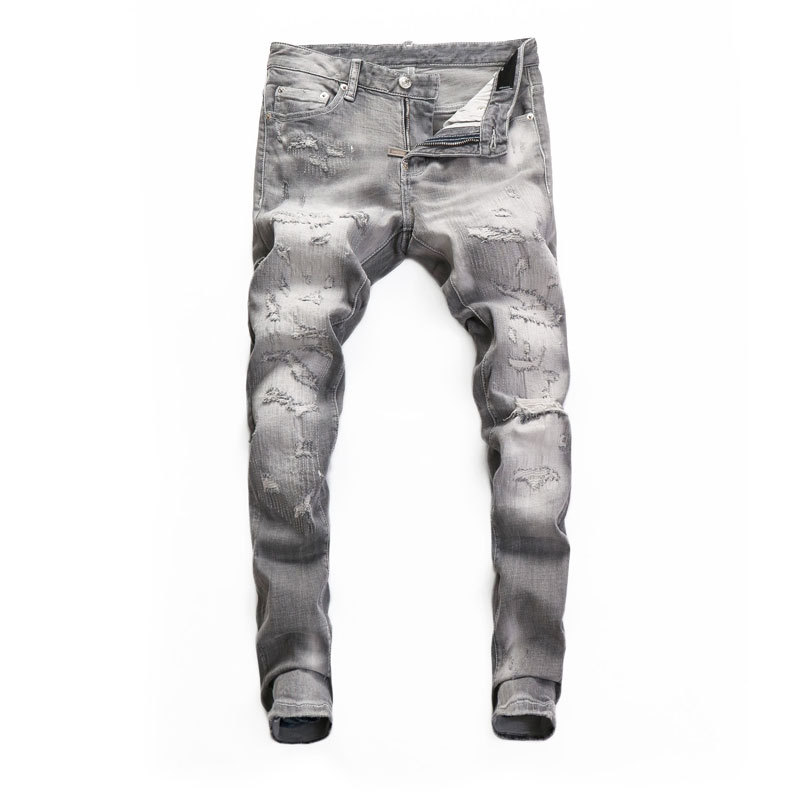 European and American Street Fashion Ripped Men's Jeans Retro Distressed Gray Slightly Elastic Slim Patch Small Leg Jeans
