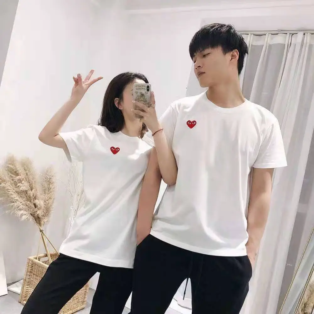 Love star with the same red heart cotton short-sleeved women's Japanese version of the tide embroidered bottoming shirt men's T-shirt round neck short-sleeved