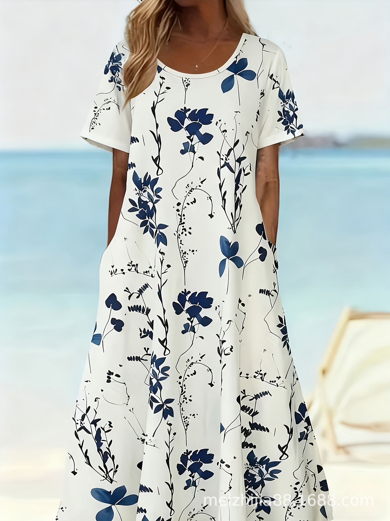 European and American Cross-Border Printed Dress, Summer Women's Plus-Size Fashion Long Short-Sleeved Dress, Floral Seaside Resort Style