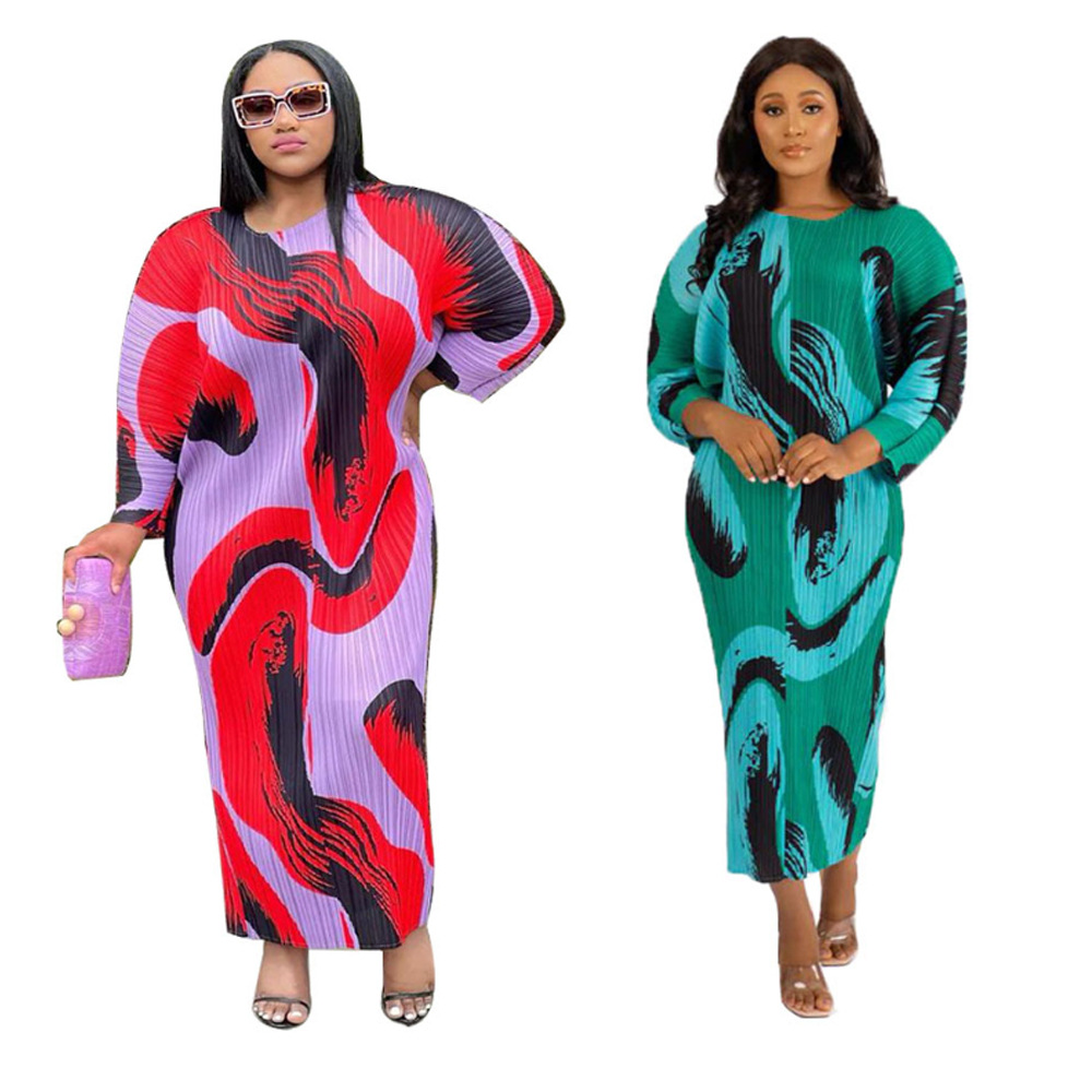 K10307 Amazon European and American Cross-border Explosions Women's Crewneck Pleated Printed Long Dress Bat Sleeve dress in stock