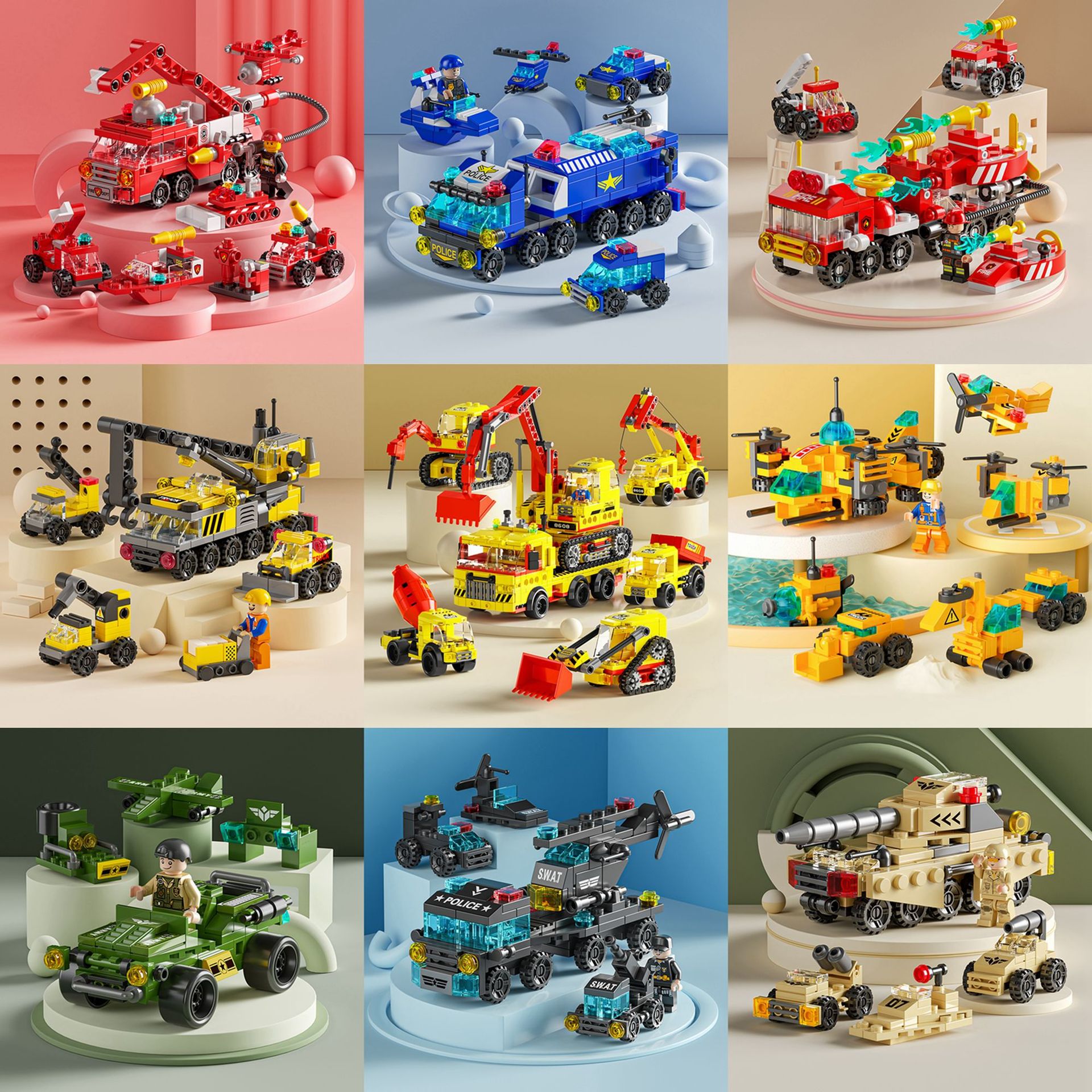 Compatible with Lego Car Building Blocks Military Fire Police Car Engineering Team Children's Educational Toys Small Particle Assembled Model