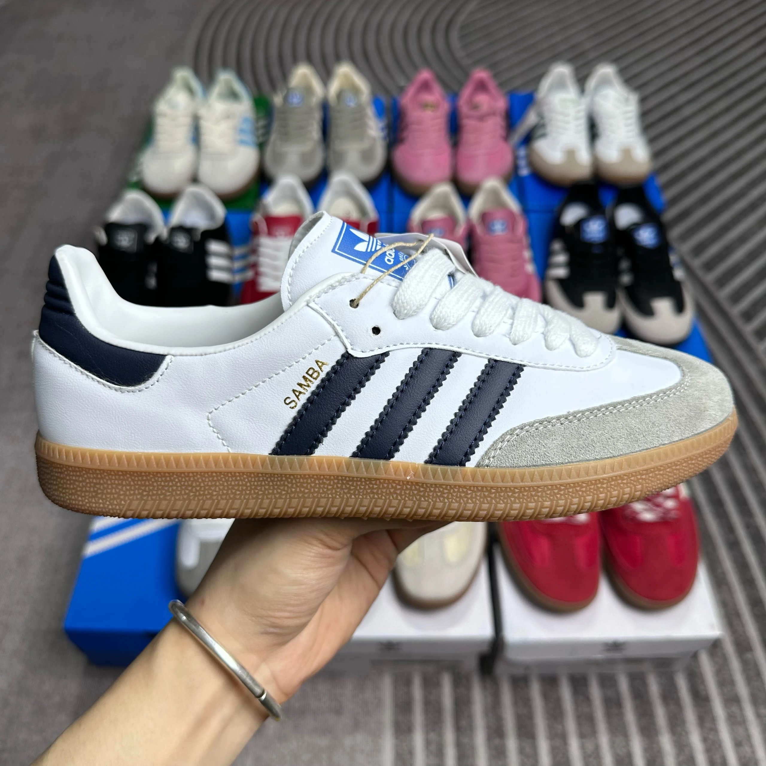 Suede leather/leather casual shoes, sneakers, board shoes, low cut - white navy blue OG10