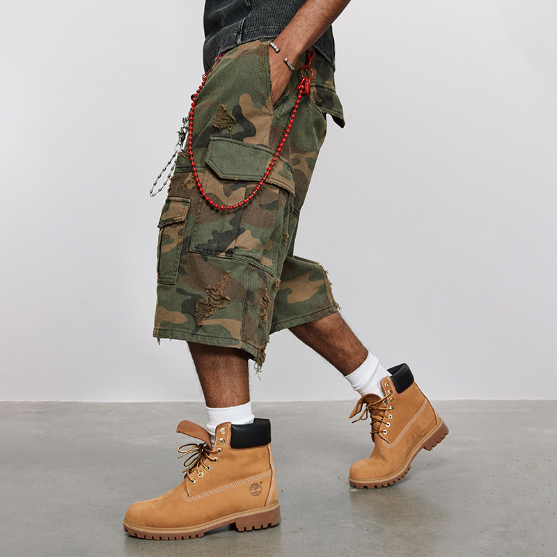 2025 Destruction Camouflage Stone Mill Washed Old Cropped Pants American Ripped Crock Pants Loose Wide-leg Shorts