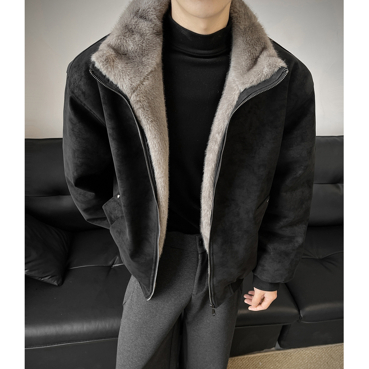 2025 Winter New Men's Two-Tone Faux Mink Fur Pu Leather Cotton Coat, Thickened Winter Fleece Jacket for Men