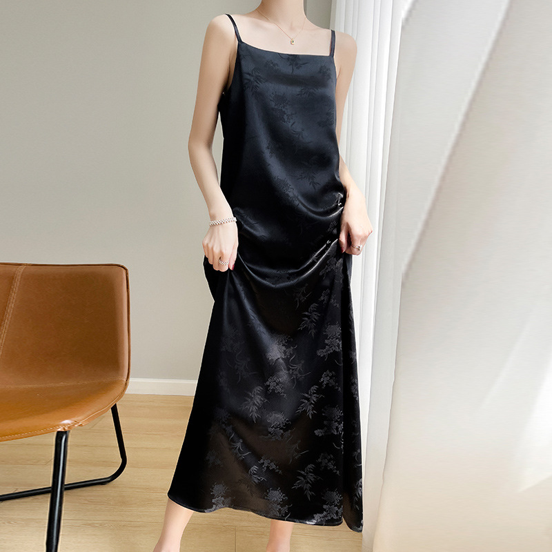 Summer New Design Sense Jacquard Satin Silk Long Dress Loose Slimming Elegant Inner Strap Dress Women
