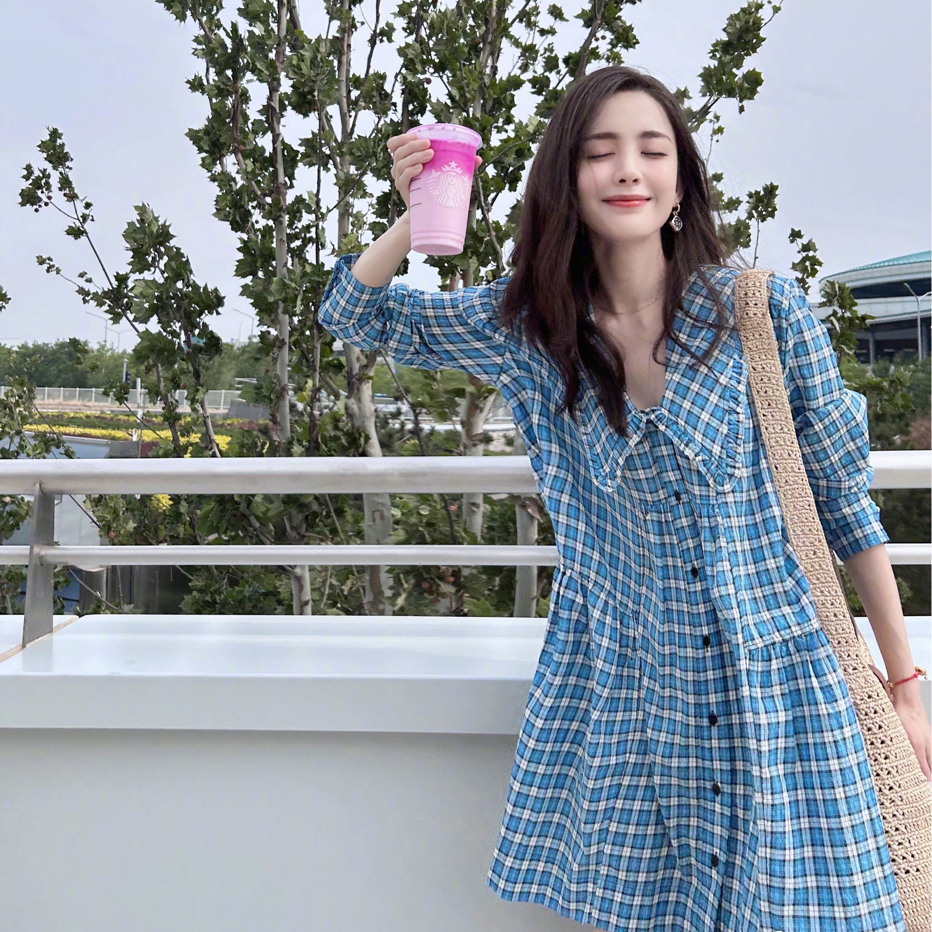 25 Early Spring New Seersucker Sky Blue Plaid Doll Collar Shirt Dress Loose Dress