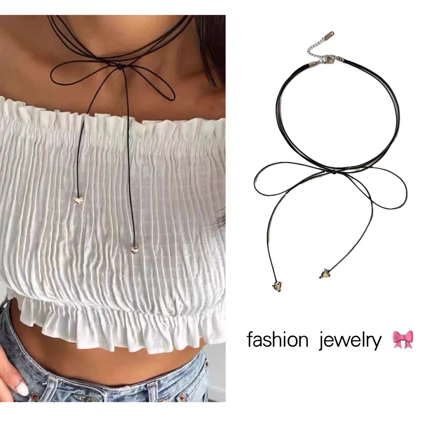 Cross-border Simple Multi-layer Wax Strap Love Bow Collar Choker Hot Girl Sweet Cool Style Clavicle Chain Necklace
