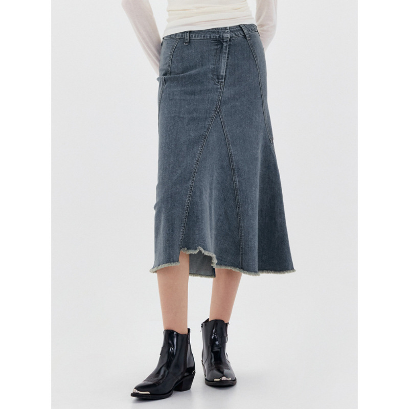 Longmei Irregular Frayed Hem Denim Skirt for Women 2025 Spring/Summer New Korean Style Lc High-Waisted Mermaid Skirt