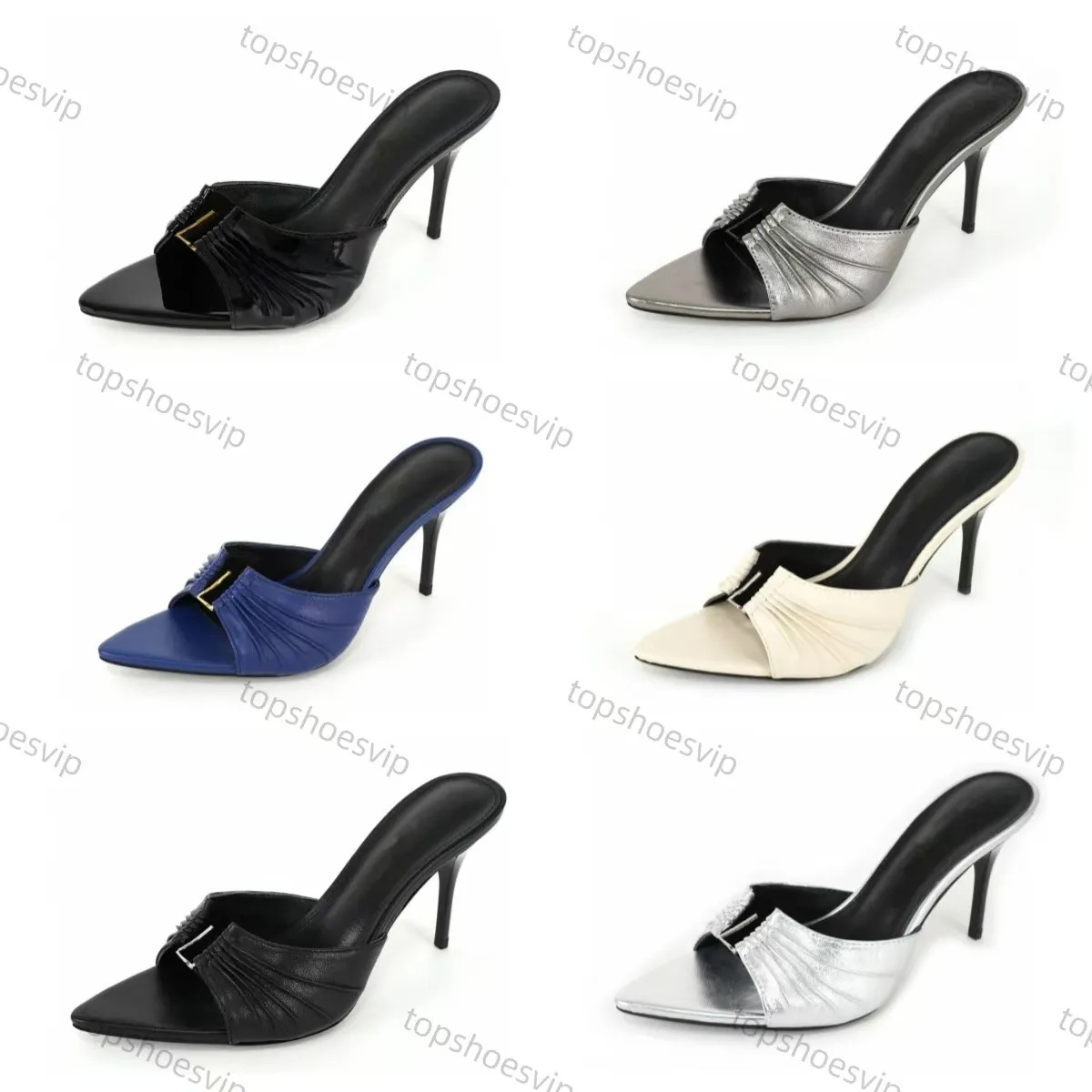 In-Stock Foreign Trade Top Brand L European and American Genuine Leather Large Sole Metal Logo Pointed High Heel Sandals Fashion Versatile Elegant
