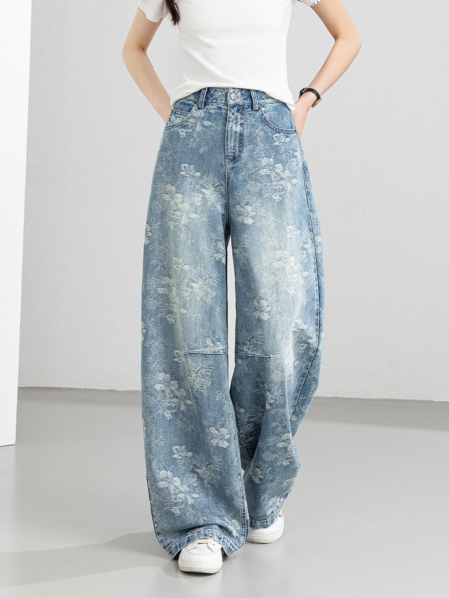 Xingge New Chinese Style Jacquard Jeans for Women 2026 Spring New High Waist Loose Wide Leg Pants Retro Straight Floor-Length Pants