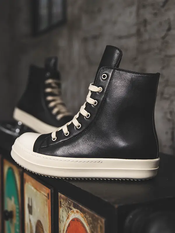 Ro18Ss Genuine Leather Ro High-Top Shoes for Men, Milk-Colored Sole, Black and White Thick Sole, Height-Increasing Lace-Up Fashion Casual Sneakers, Women's Boots, Trendy