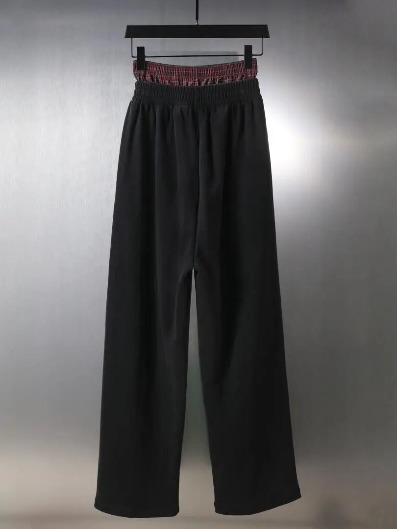 2024 New arrival Trendy Gingham Buttons Patchwork Fake Two-Piece Embroider pants Casual Sports Pants for Men and Women Easiest for match