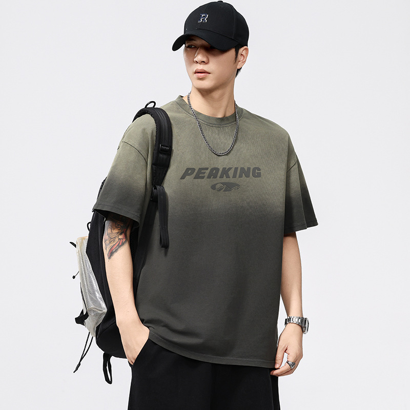 T3617 | plus size Men's Summer New Heavy Wash Water Gradient Crewneck T-shirt Men's Loose Fashion Brand Printed Short Sleeve