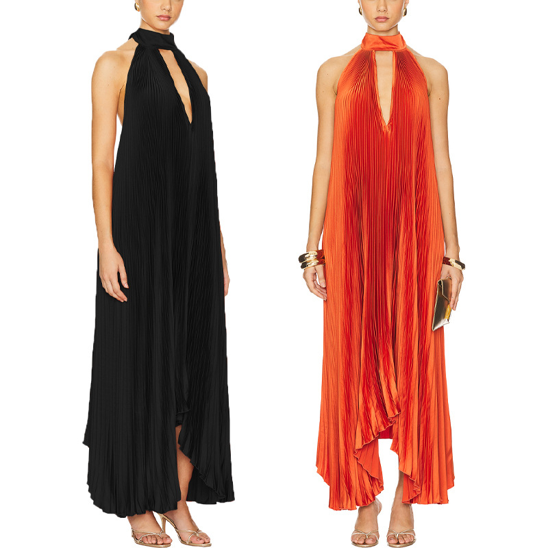 455 Cross-border Foreign Trade Summer Fashion Sexy AliExpress Europe and America Loose Casual Pleated Backless Strap dress