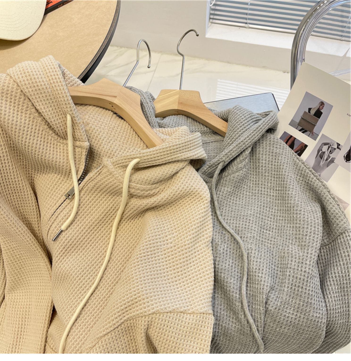 Waffley Hooded Sweater Women's Autumn New Loose Slimming Niche Design Sense Spring and Summer Coat Women's Zipper Cardigan
