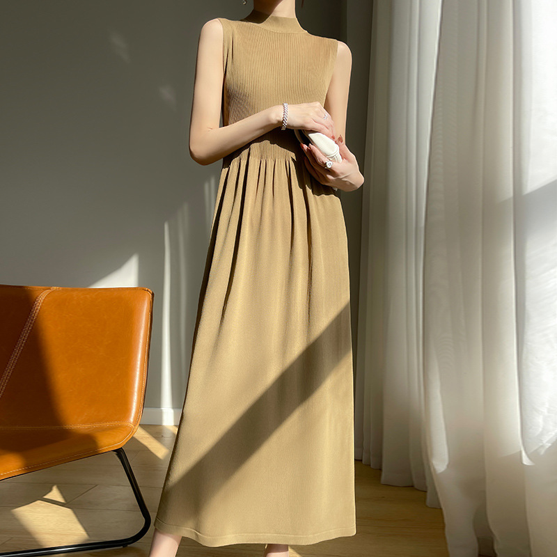 2023 Summer New Half-high Collar Knitted Long Dress Sleeveless Long Dress Stretch Slim-fit Design Ice Silk Dress for Women