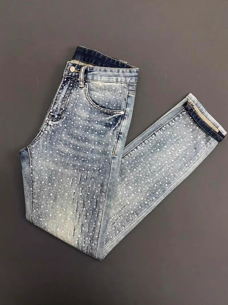 2026 New European and American Style Rhinestone-Studded Jeans for Men, Trendy Brand, Ripped, Light-Colored, Slim-Fit Casual Long Pants for Men Foto QC de 1688 na Qualit.ly
