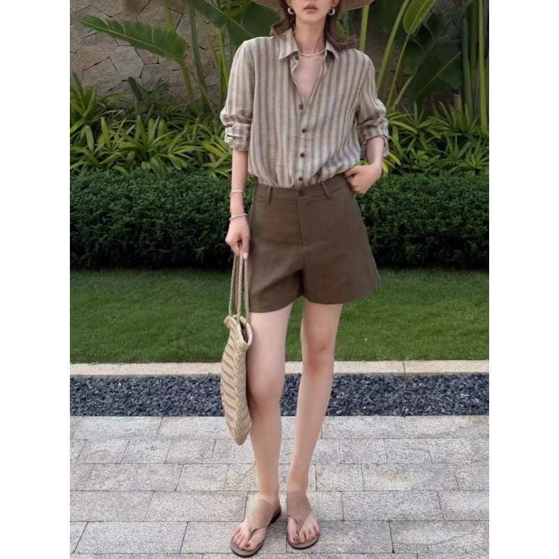 Vintage Linen Striped Long-Sleeve Shirt for Women, Classic Old Money Style, Summer Simple Versatile Casual Sun-Protective Thin Top