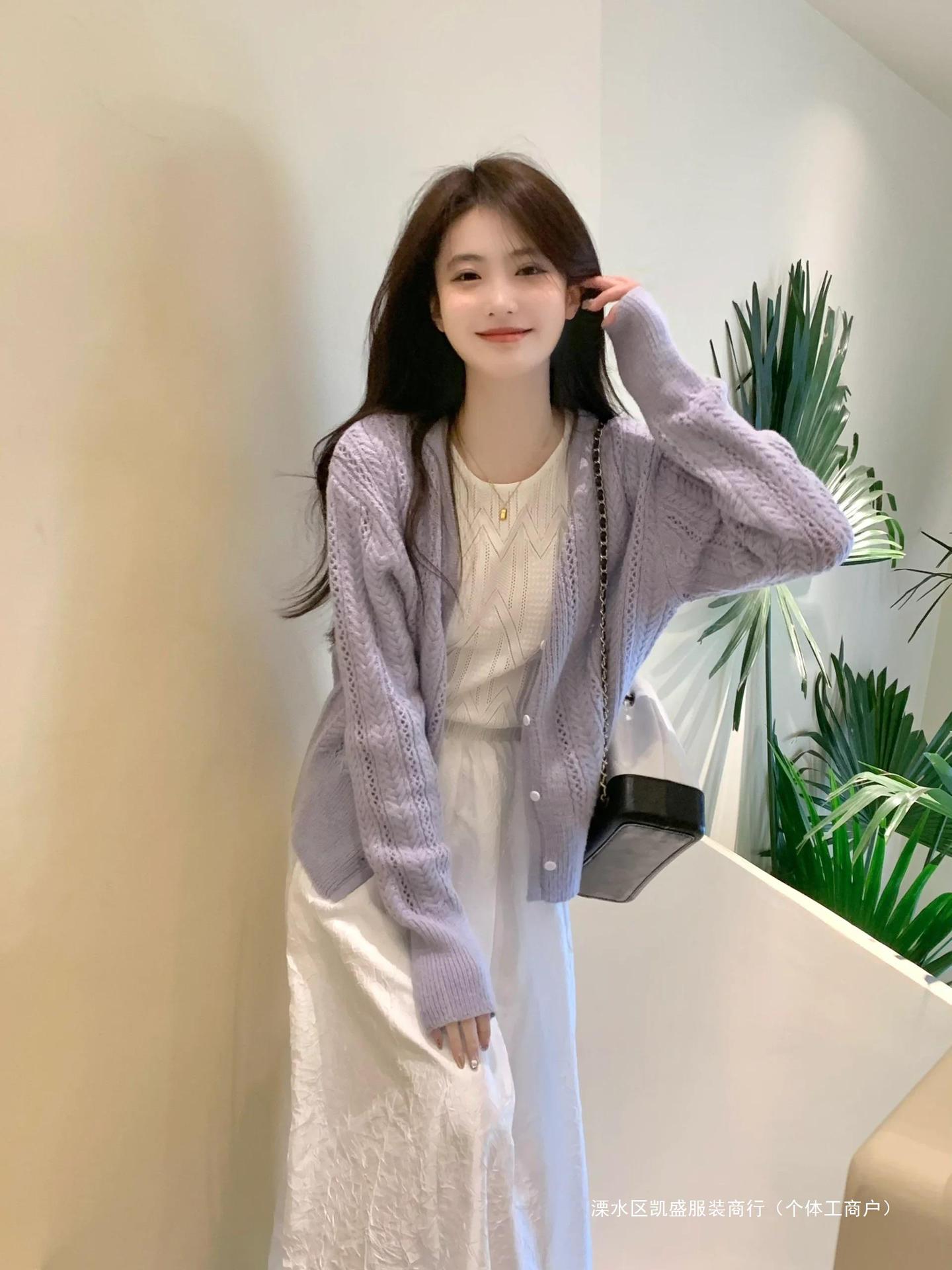 24 New Purple Hollow Sweater Thin Coat Women's Spring and Summer Gentle Cardigan Elegant Wool Sweater Top