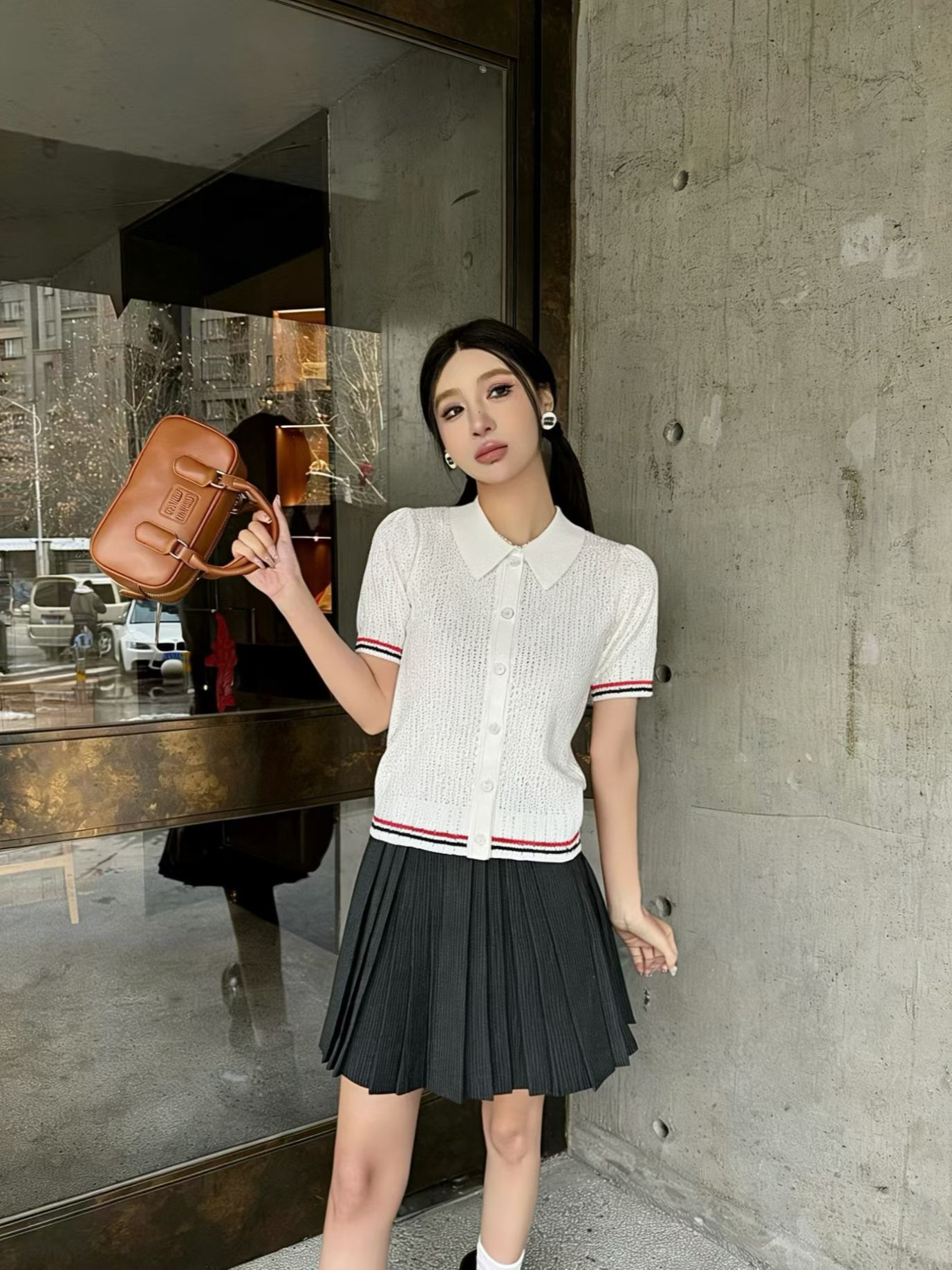 High-End Tb Academy-Style Fashion Youthful Doggy Design Lapel Short-Sleeve Tencel Hollow-Out Knit Cardigan Top for Women