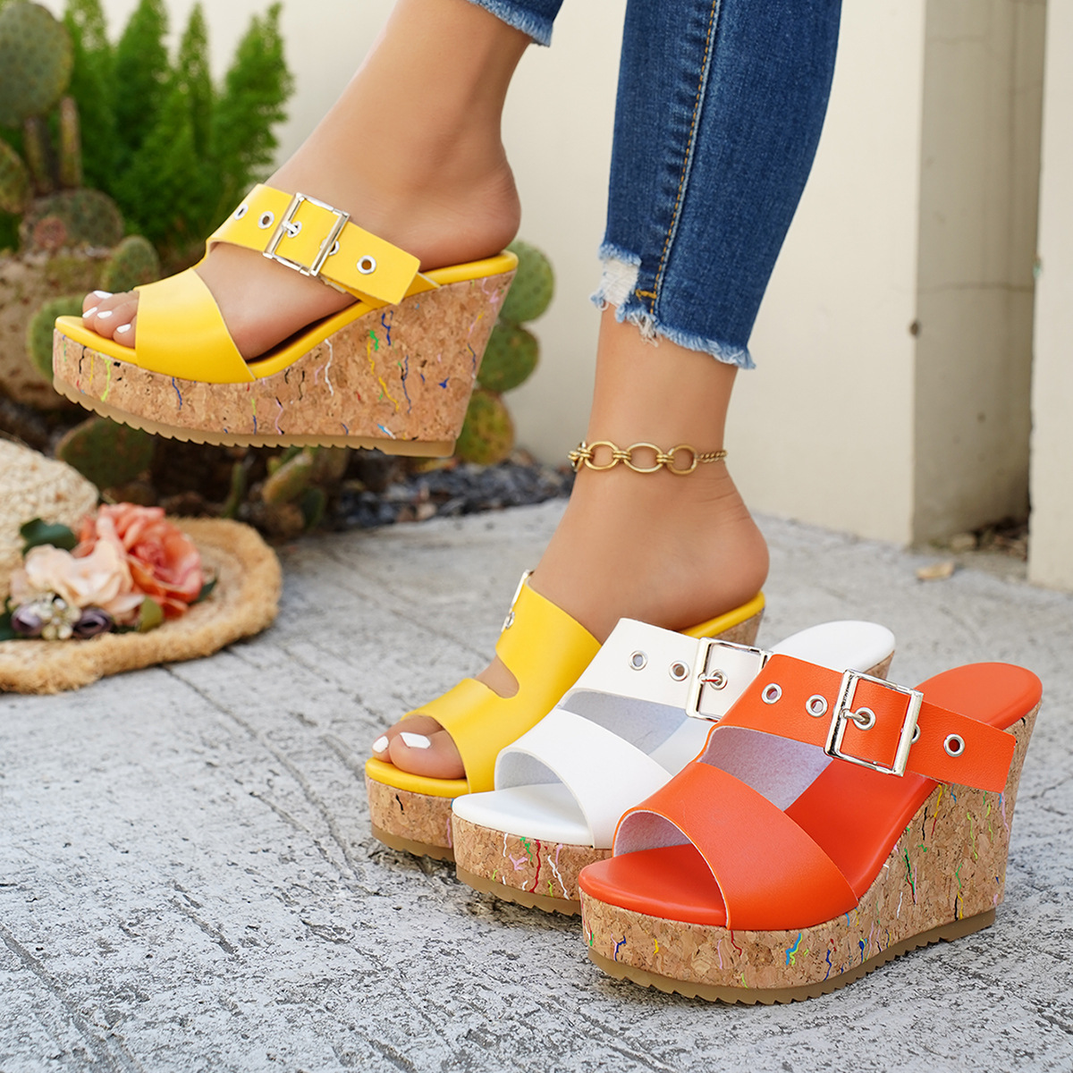 New European and American Style Belt Buckle Sandals 2026 Summer Large Size Thick-Soled Platform Open-Toe Roman Wedge Sandals for Women