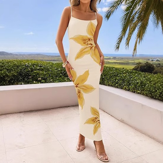 European and American Style 2026 Summer Aliexpress Foreign Trade Women's New Sexy Spaghetti Strap Floral Print Slim Long Dress